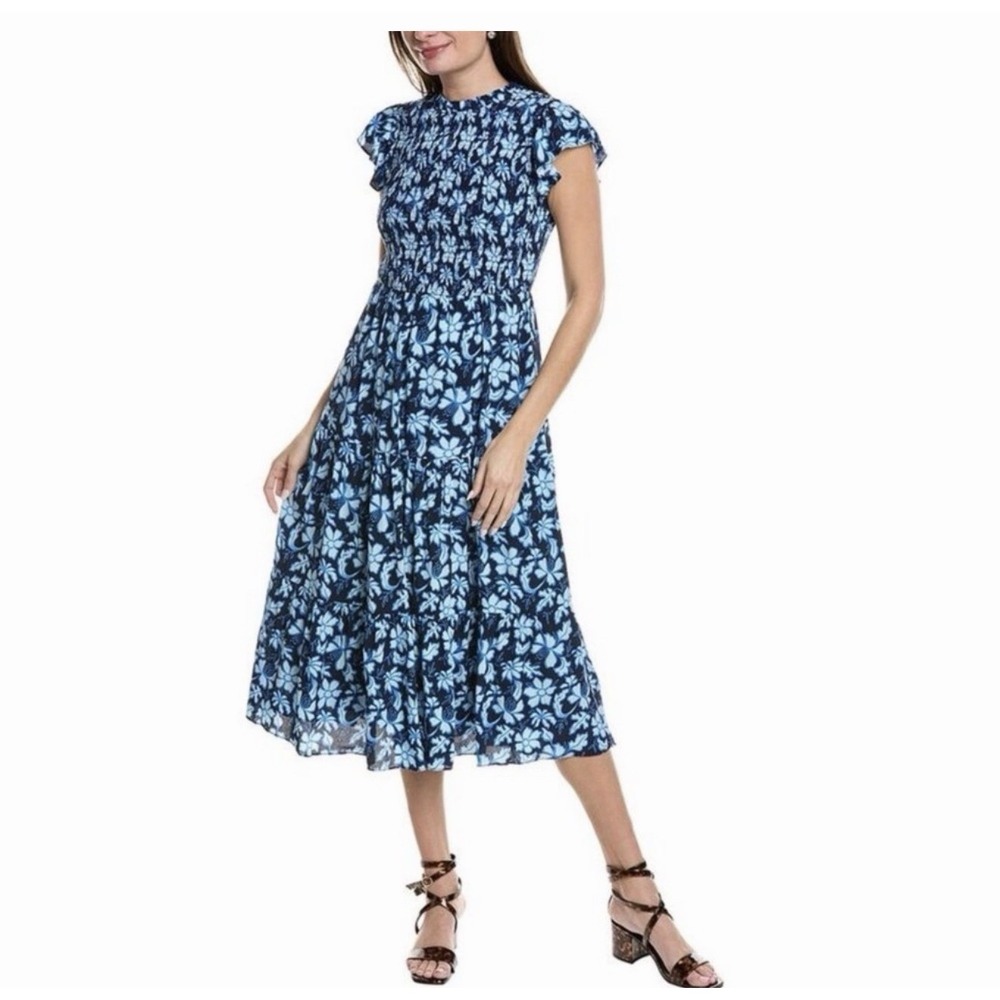 SAIL TO SABLE Size-L Womens Midi Dress Smocked Blue Floral